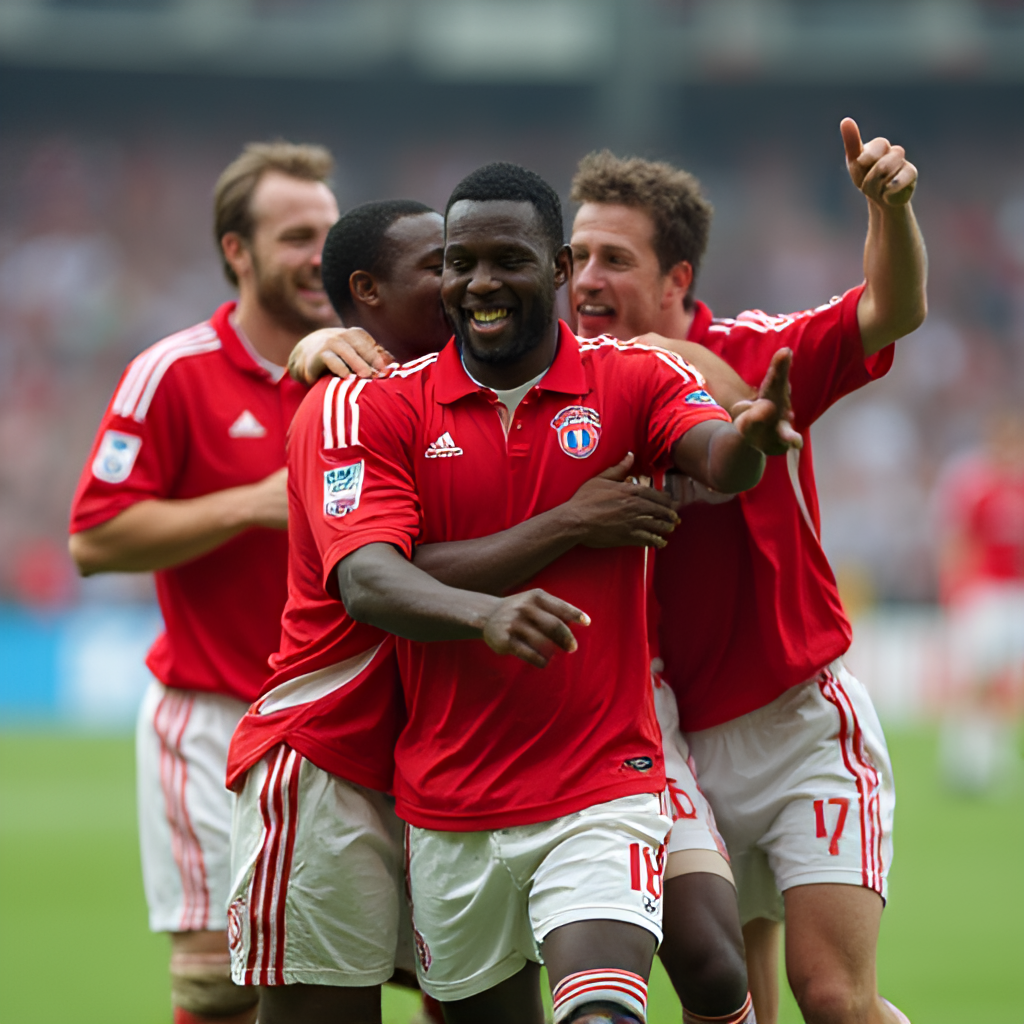 A photo-realistic image focusing on Samuel Kuffour celebrating his golden goal for Bayern Munich against Boca Juniors in the 2001 Intercontinental Cup final, with teammates joining in the celebration.