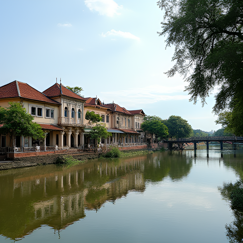 A picturesque view of colonial-era buildings lining the Sangkae River in Battambang, with trees and a bridge in the background, capturing the town's relaxed atmosphere.