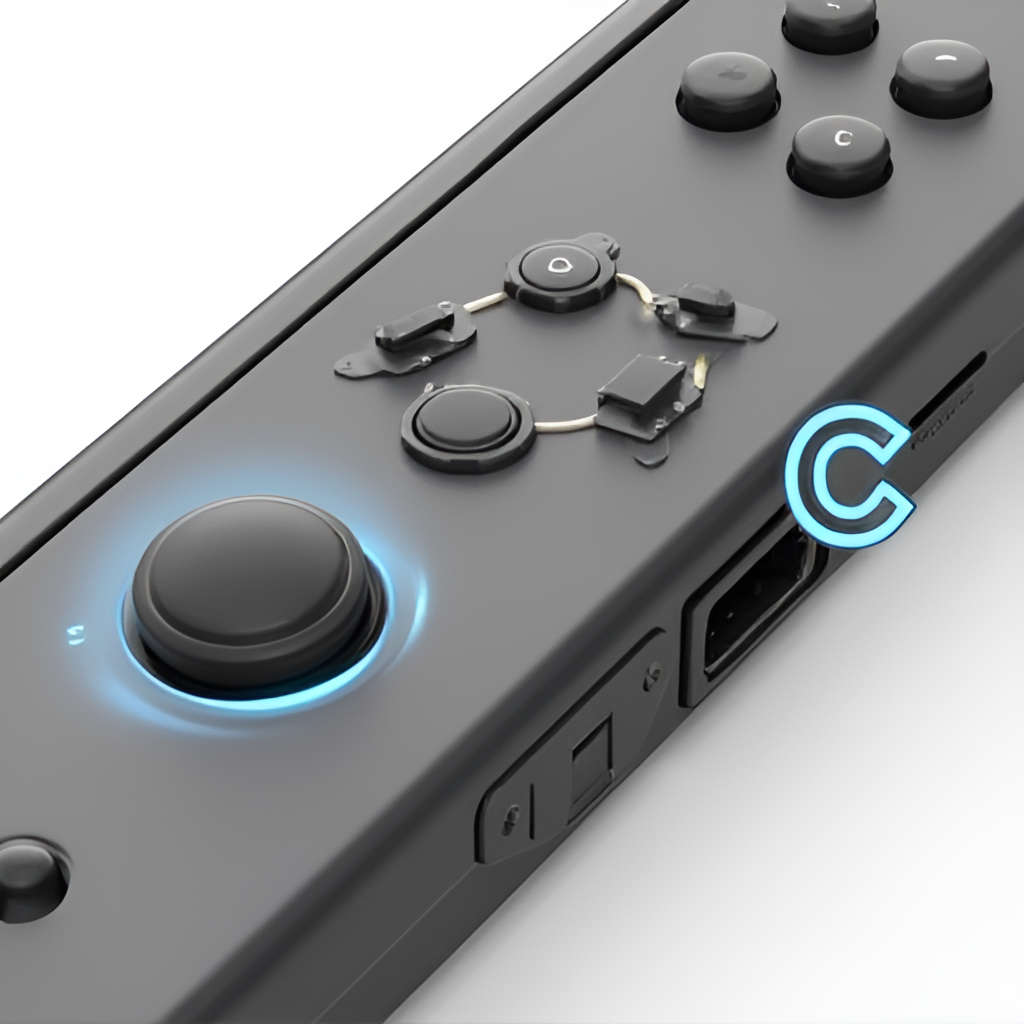 A close-up image of the new Joy-Con 2 controller, focusing on the magnetic rail connection and the new 'C' button, perhaps with an arrow pointing to the magnetic connection or the button.