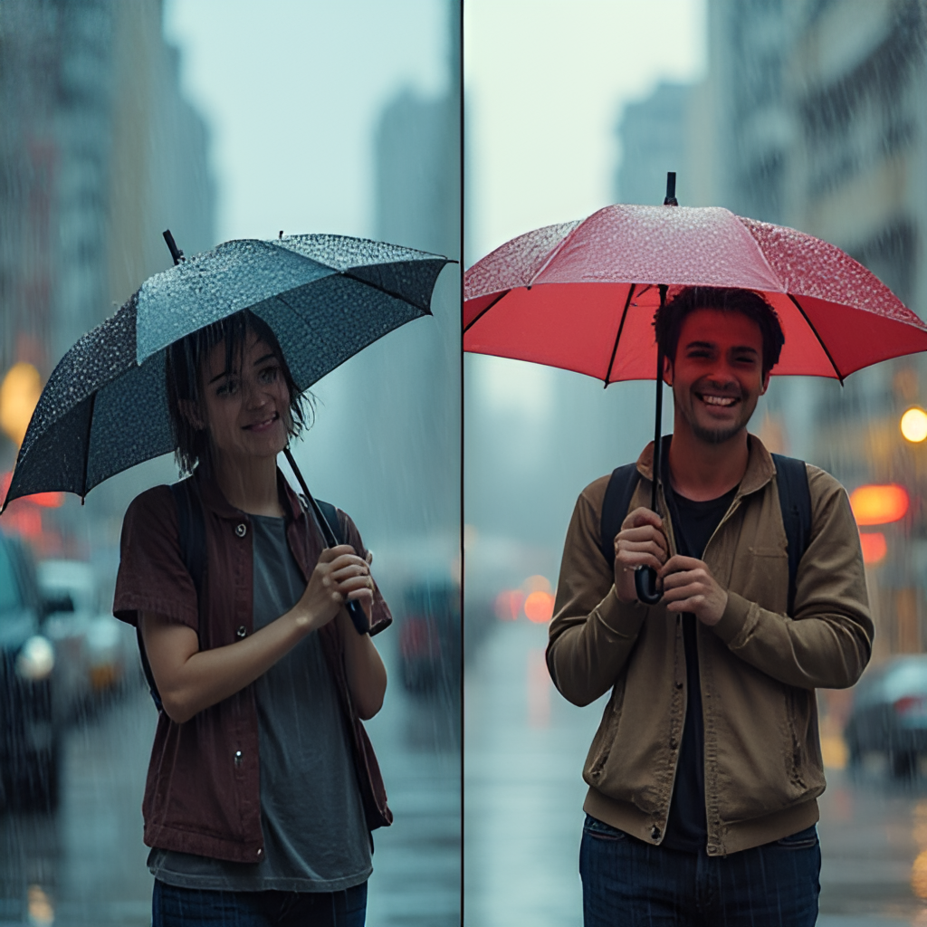 A split image showing two scenes side-by-side. On the left, a person is caught in a sudden downpour without an umbrella, looking frustrated. On the right, the same person is smiling under an umbrella, prepared for the rain after checking the weather forecast. The style is realistic and relatable.