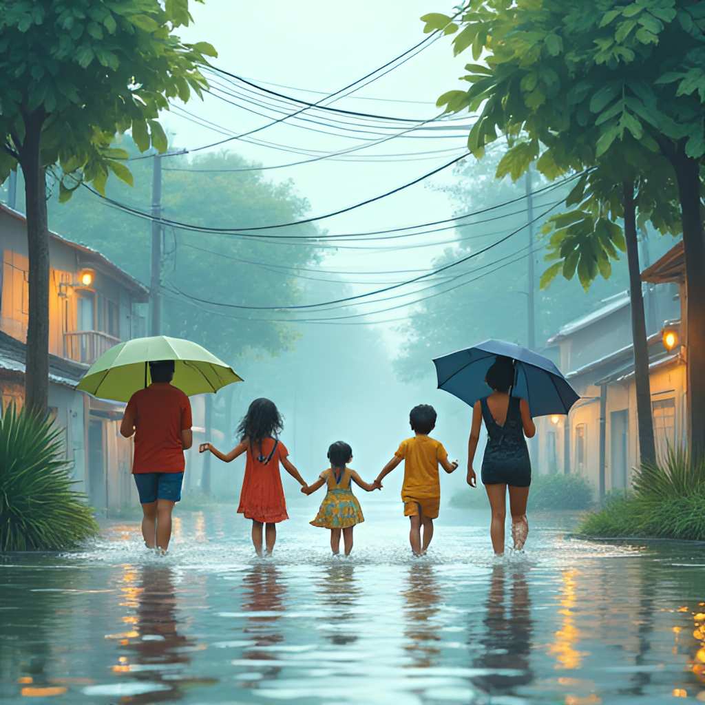 A photo or illustration depicting common risks during the rainy season in Thailand, such as flooded streets with people wading through water, or a family taking precautions against mosquitoes, reflecting impacts and health concerns.