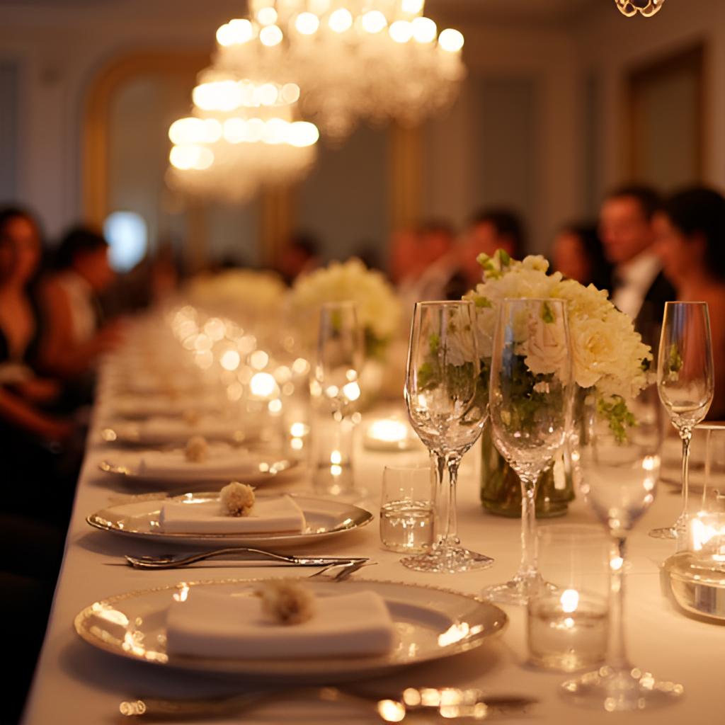 A close-up of a beautifully decorated table setting at a gala dinner, showing fine china, silverware, crystal glasses, and floral centerpieces, with blurred figures and chandeliers in the background.