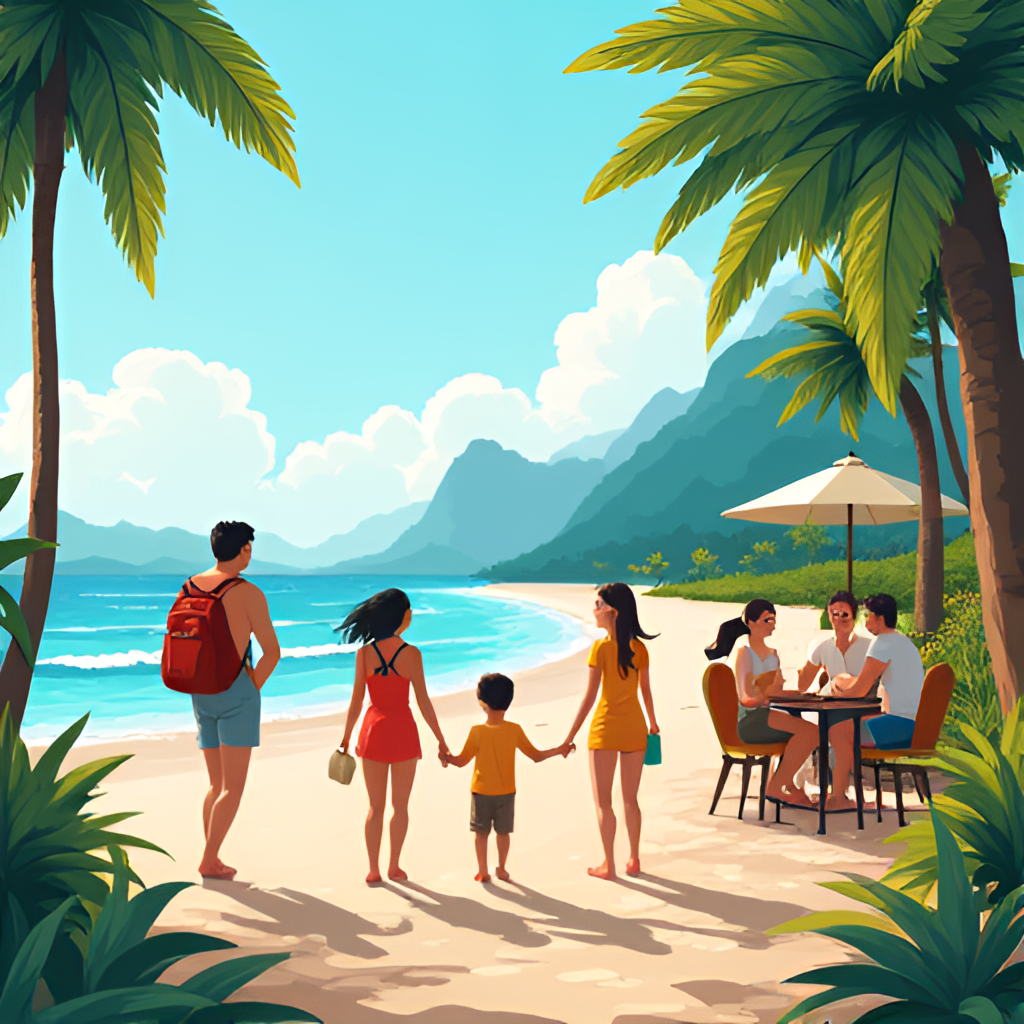A diverse group of people enjoying various activities during a long weekend in Thailand, such as a family at the beach, friends hiking in a forest, and a couple relaxing in a cafe, illustrating different ways to use the holiday time. The scene is bright and conveys happiness.