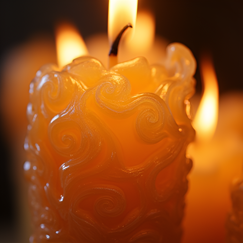 A close-up shot of a beautifully carved wax candle used in the Khao Phansa (Buddhist Lent) procession, showcasing intricate Thai artistry and cultural significance.