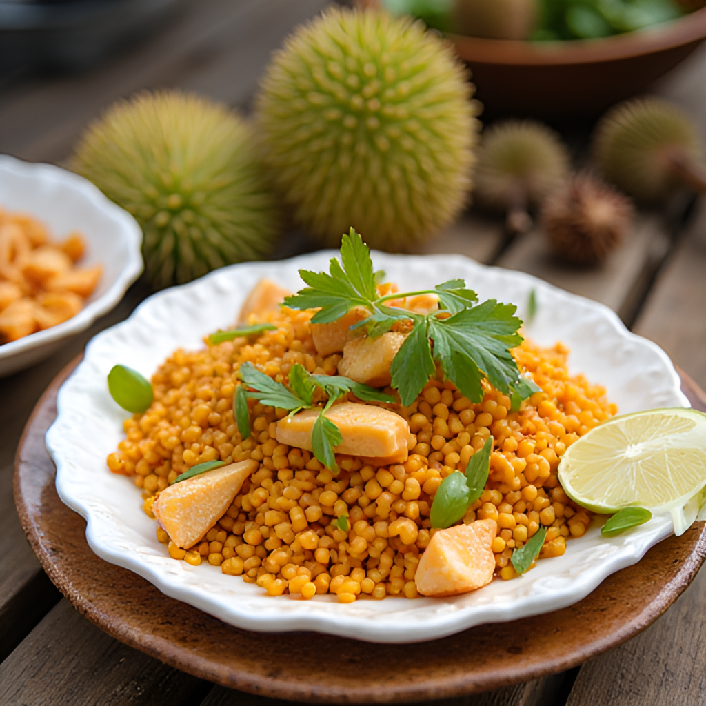 A vibrant image showcasing the local culture or food of Uttaradit, such as a plate of Khao Phan Pak, a durian Long Laplae fruit, or a scene from a local market or temple grounds.