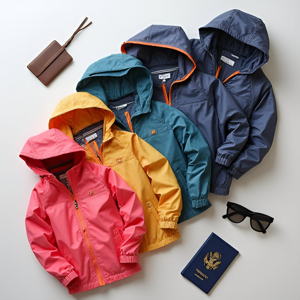 A flat lay arrangement of various colorful windbreaker jackets folded neatly next to travel essentials like a passport, phone, and sunglasses, illustrating portability and versatility for travel and daily use.