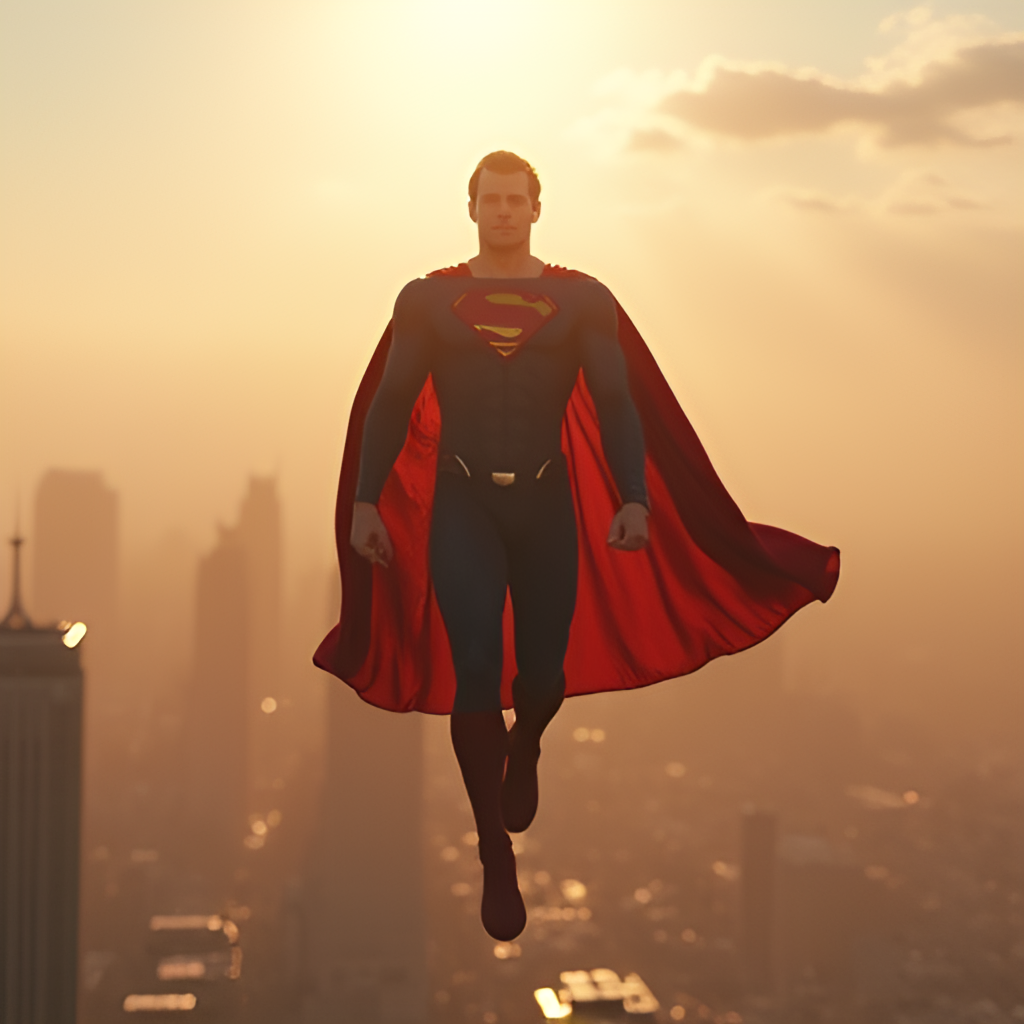 A modern, hopeful image of David Corenswet as Superman from the 2025 film, flying through the sky above a city, bathed in warm light, symbolizing a new beginning for the character.