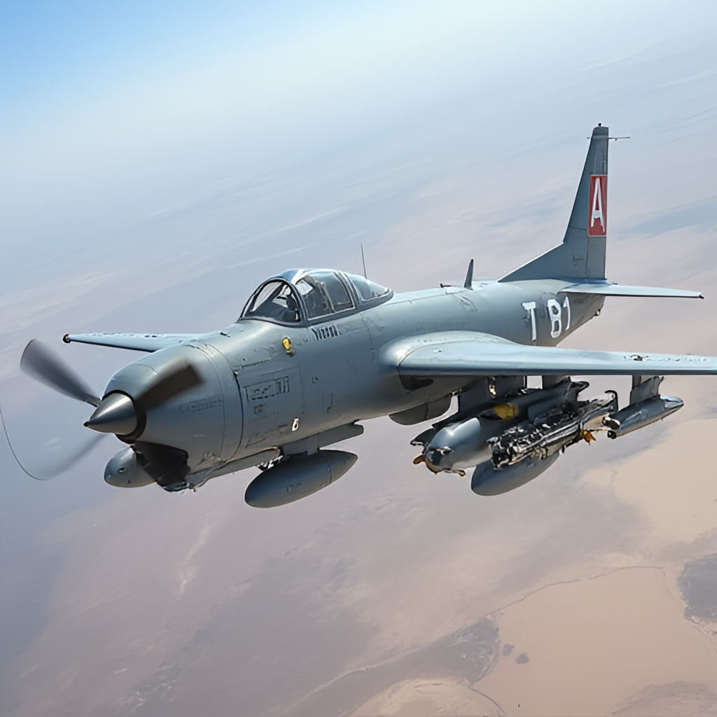 A modern Textron Aviation AT-6 Wolverine light attack aircraft in a dynamic action shot, showing it equipped with various armaments under its wings, perhaps flying over a landscape or during a demonstration, emphasizing its current combat role.